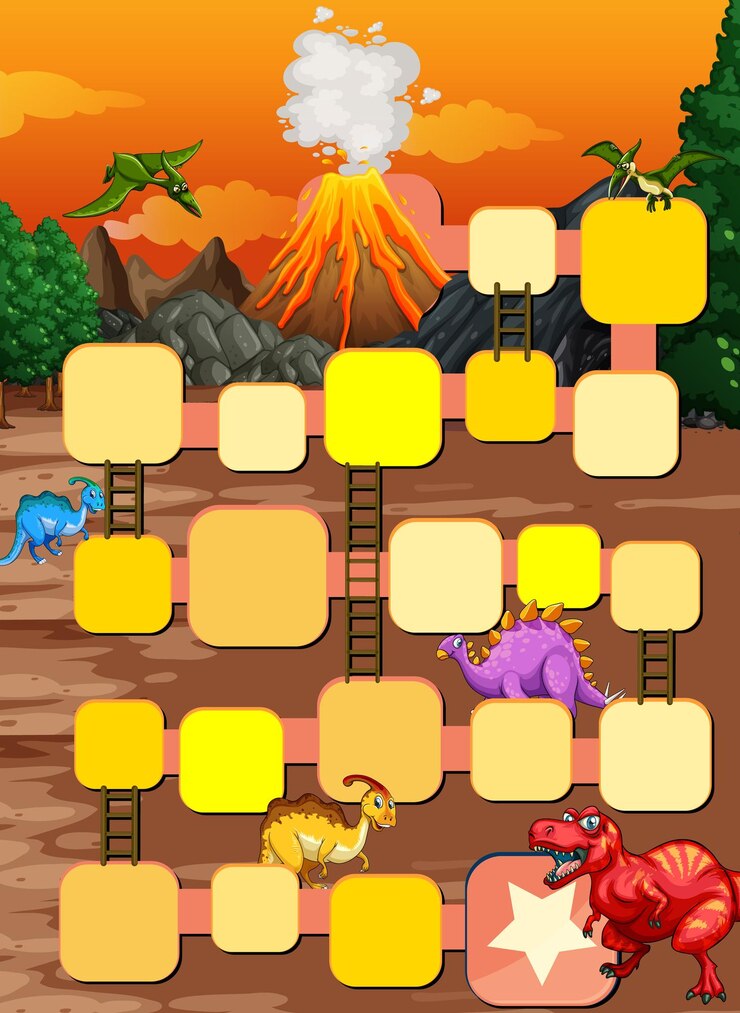 Vettore gratuito modello di gioco a scala di serpente con tema dinosauro
