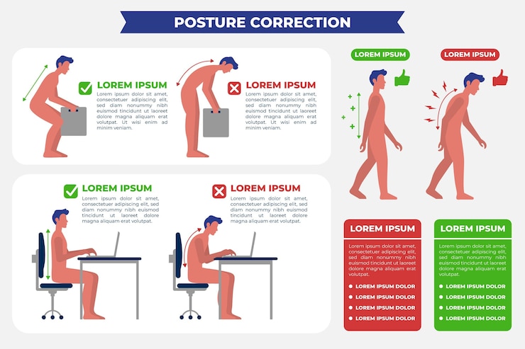 Vettore gratuito modello di infografica correzione postura piatta