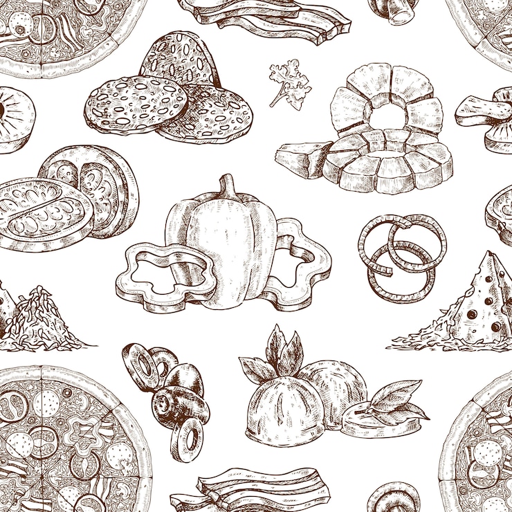 Vettore gratuito modello di ingredienti pizza disegnato