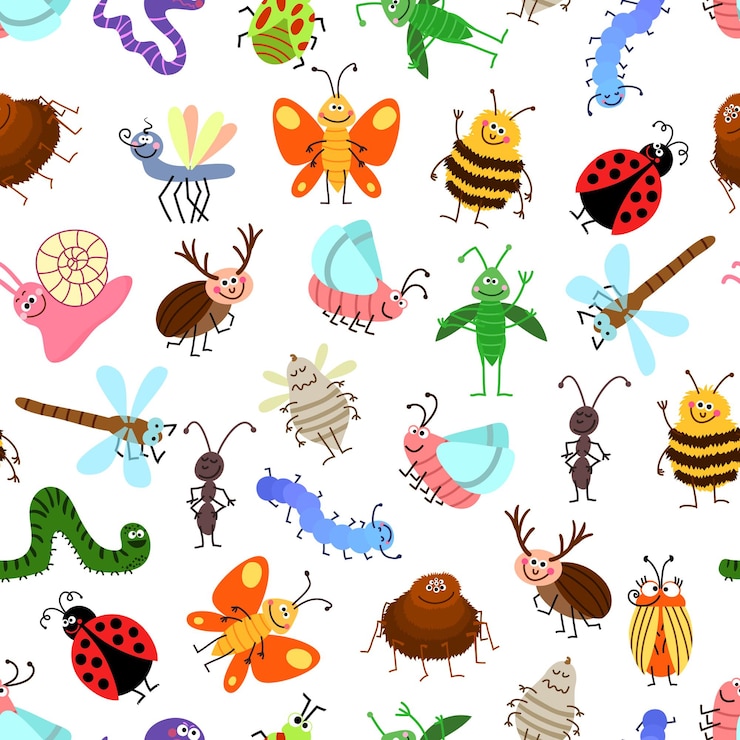 Vettore gratuito modello di insetti volanti e striscianti simpatici cartoni animati per bambini felici. sfondo con personaggi insetti, illustrazione di insetti alati