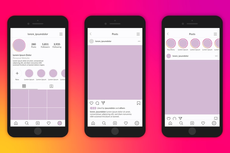 Vettore gratuito modello di interfaccia profilo instagram con cellulare