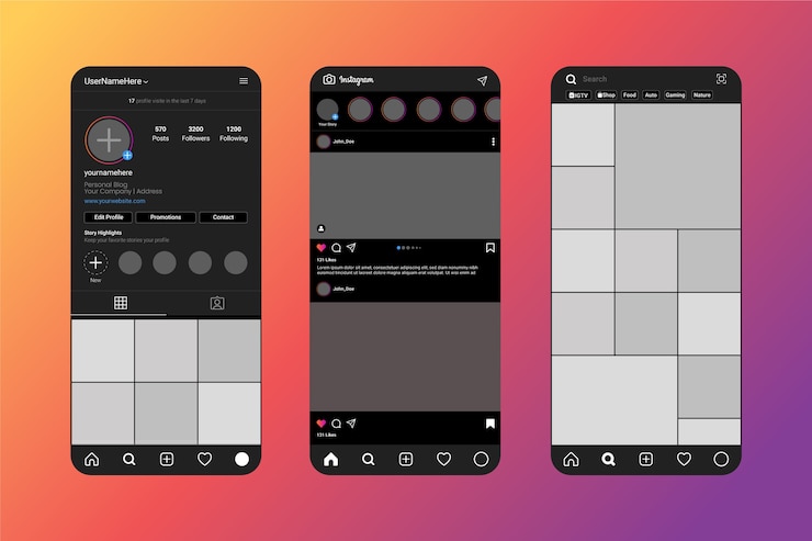 Vettore gratuito modello di interfaccia profilo instagram con cellulare