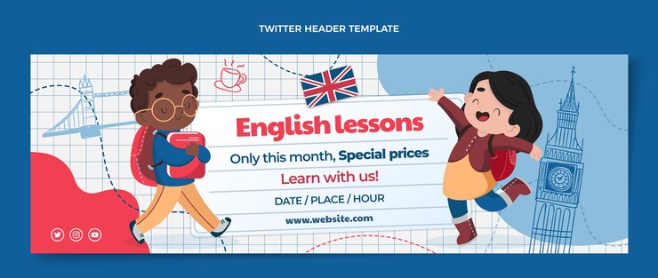 Vettore gratuito modello di intestazione twitter di lezioni di inglese design piatto