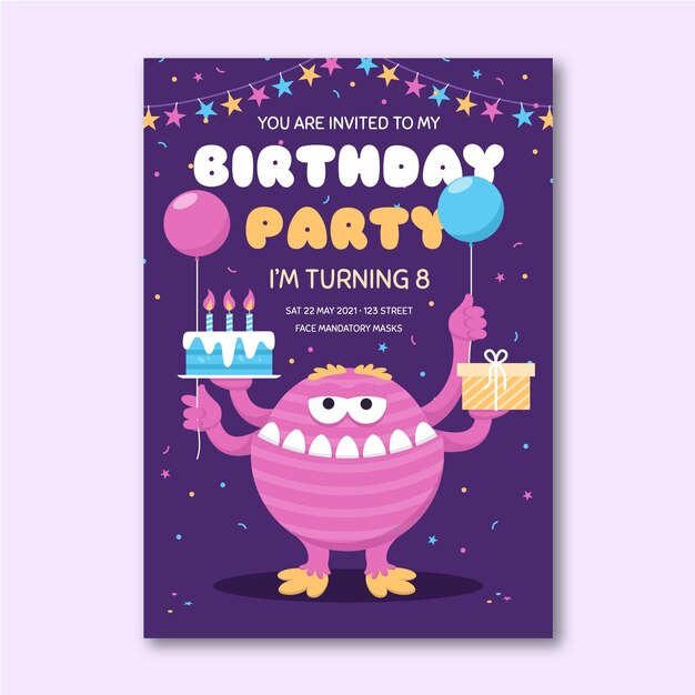 Modello di invito compleanno mostro piatto
