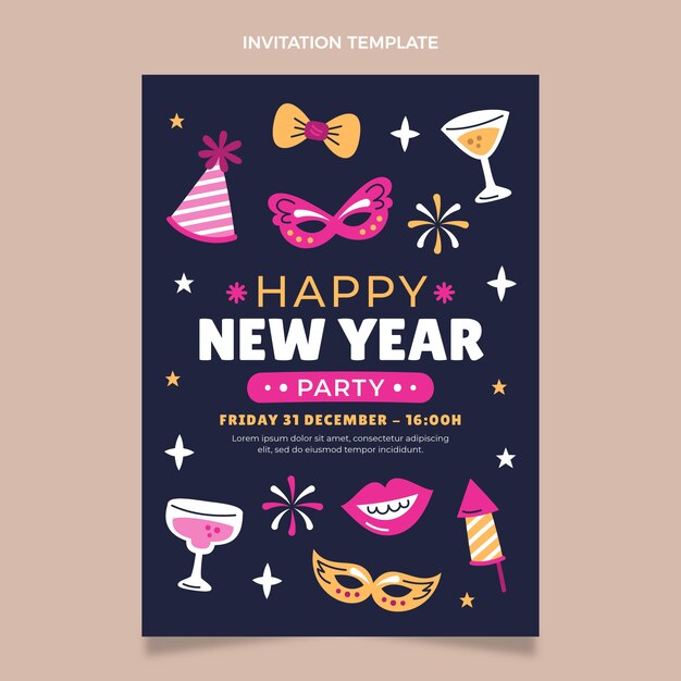 Modello di invito di Capodanno piatto disegnato a mano
