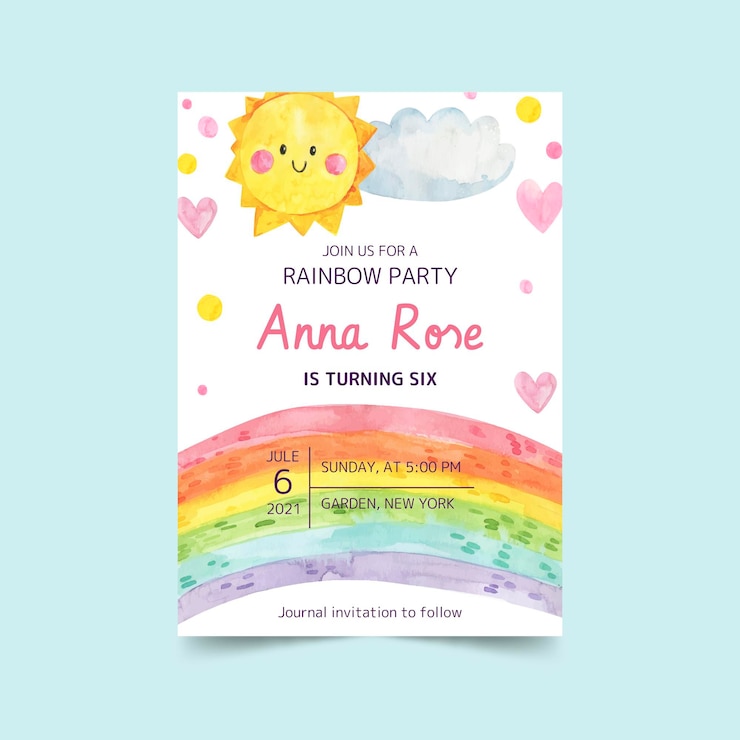 Vettore gratuito modello di invito di compleanno arcobaleno acquerello dipinto a mano