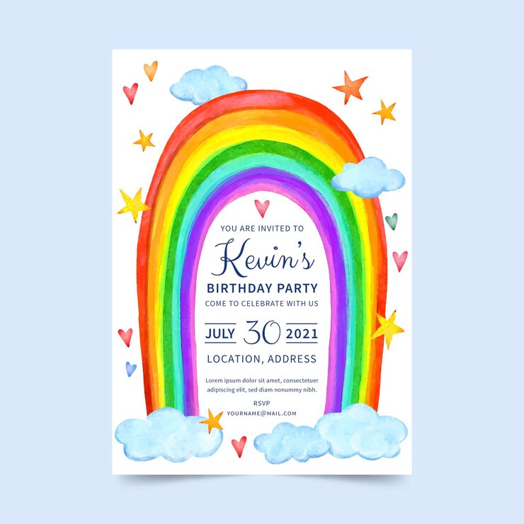 Vettore gratuito modello di invito di compleanno arcobaleno acquerello dipinto a mano