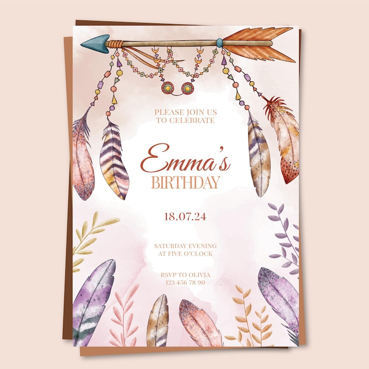Vettore gratuito modello di invito di compleanno boho dell'acquerello