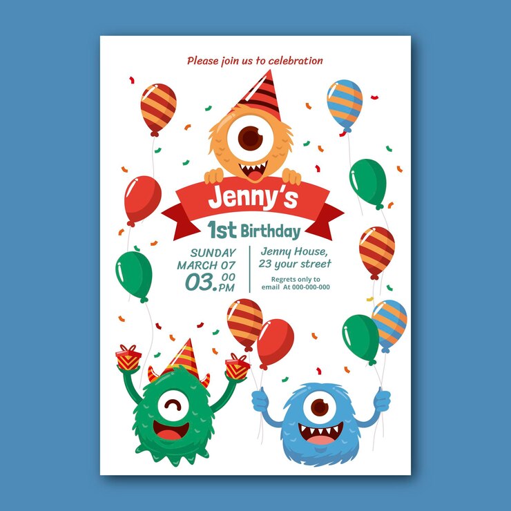 Vettore gratuito modello di invito di compleanno di mostri disegnati a mano