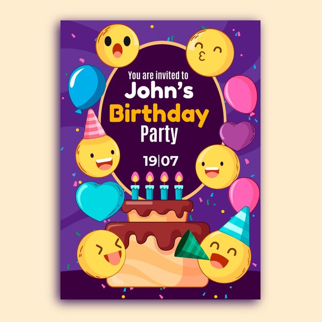 Modello di invito di compleanno emoji disegnati a mano