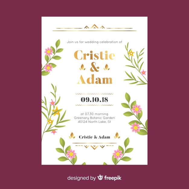 Modello di invito di matrimonio floreale con elementi di design d&#39;oro