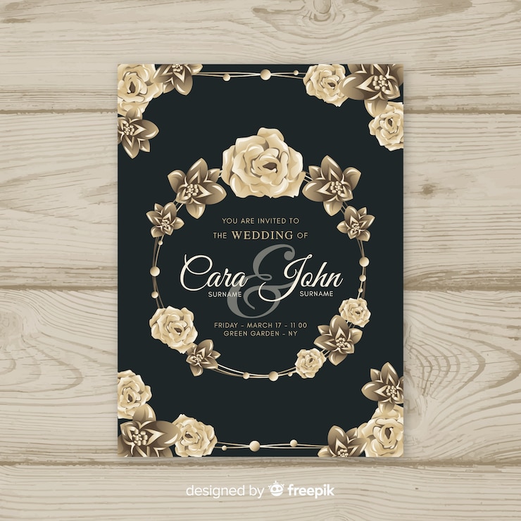 Vettore gratuito modello di invito di matrimonio floreale elegante con elementi dorati
