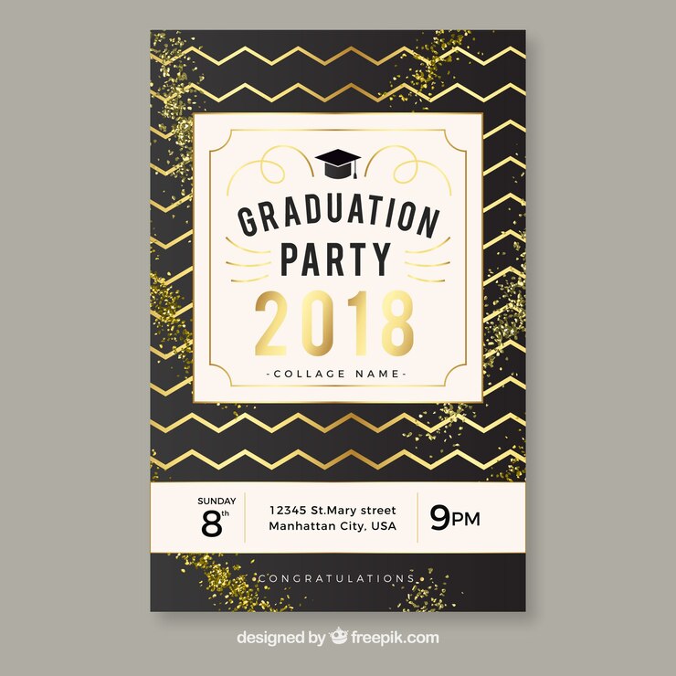 Vettore gratuito modello di invito elegante festa di laurea con design piatto