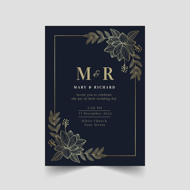 Modello di invito matrimonio floreale dorato sfumato