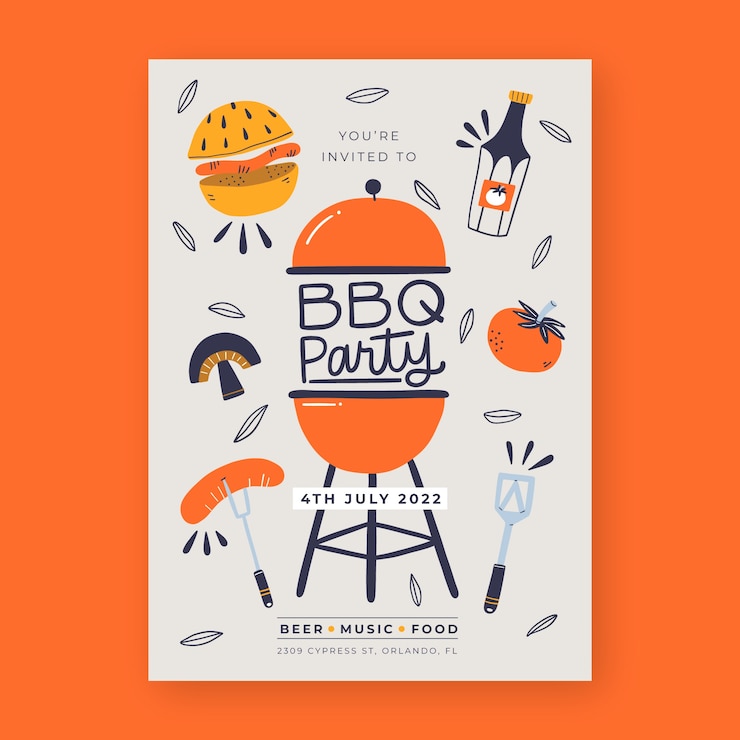 Vettore gratuito modello di invito per barbecue estivo piatto