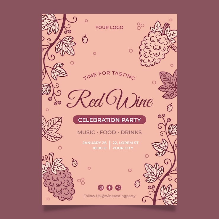 Vettore gratuito modello di invito per degustazione di vini e vigneto
