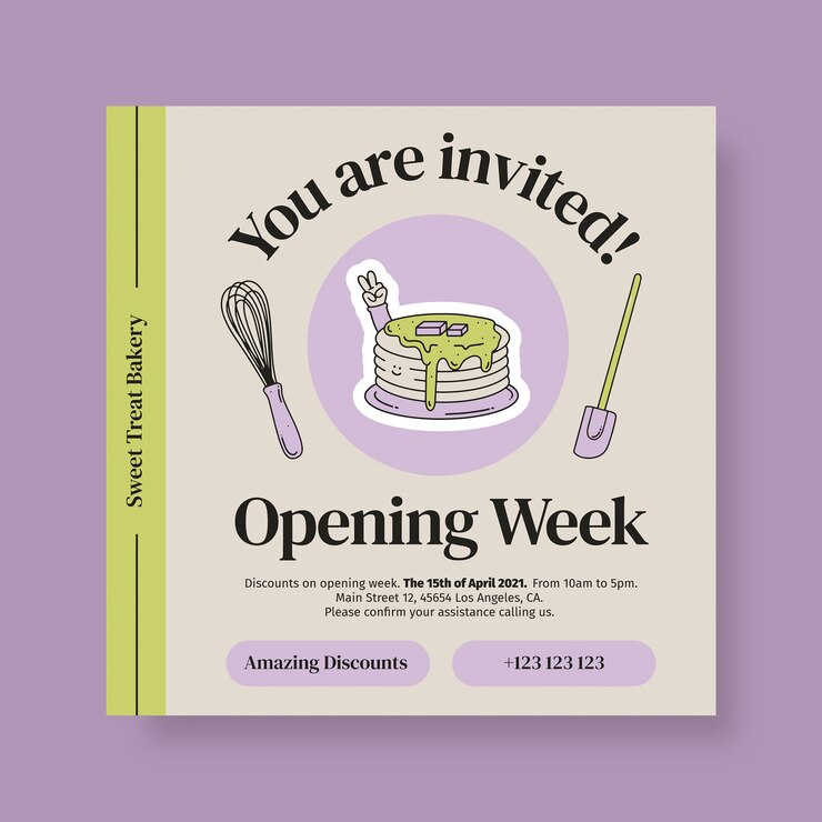 Vettore gratuito modello di invito per l'apertura di una pasticceria fresca e dolce