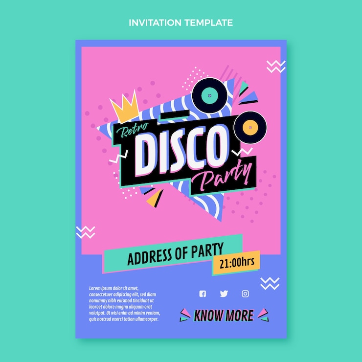 Vettore gratuito modello di invito per una festa in discoteca retrò piatto
