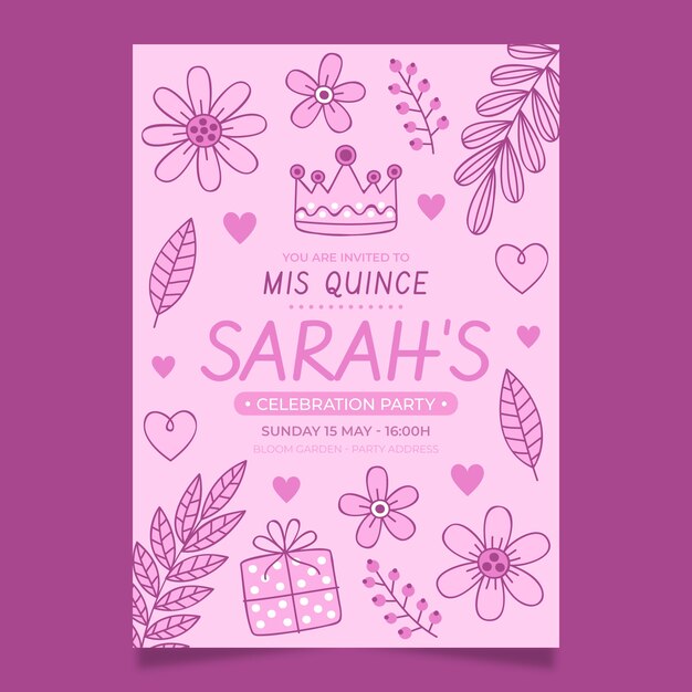 Modello di invito quinceañera floreale disegnato a mano