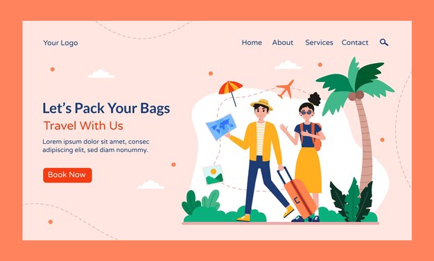 Modello di landing page di avventura di viaggio disegnato a mano