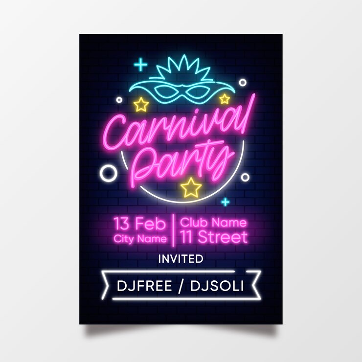 Vettore gratuito modello di manifesto di festa di carnevale al neon