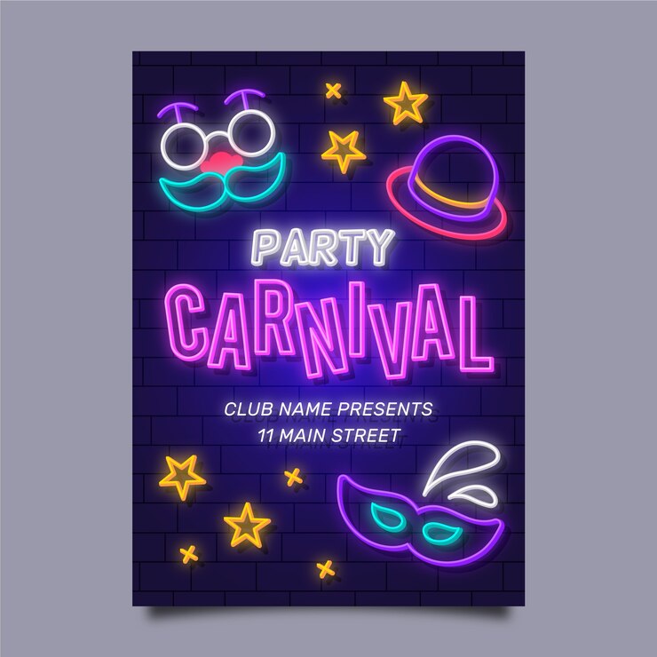 Vettore gratuito modello di manifesto di festa di carnevale al neon