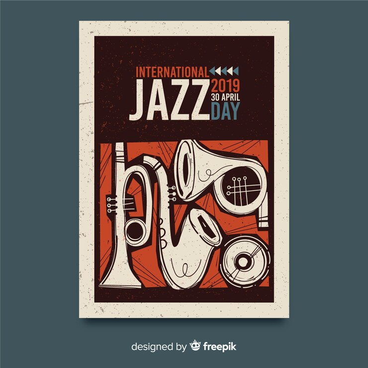 Vettore gratuito modello di manifesto di jazz internazionale disegnato a mano