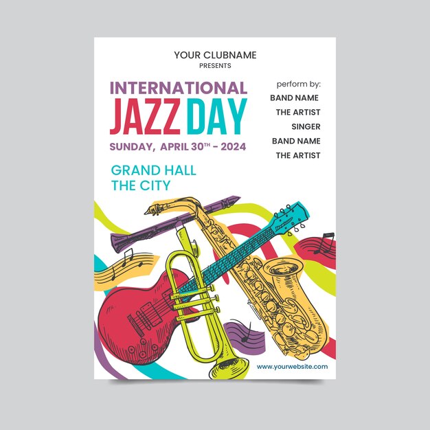 Modello di manifesto giorno jazz internazionale disegnato a mano