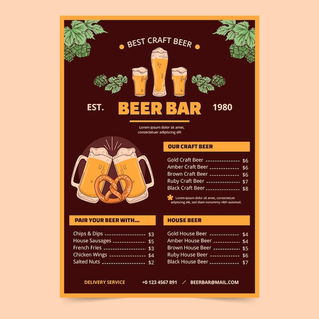 Modello di menu bar birra disegnato a mano