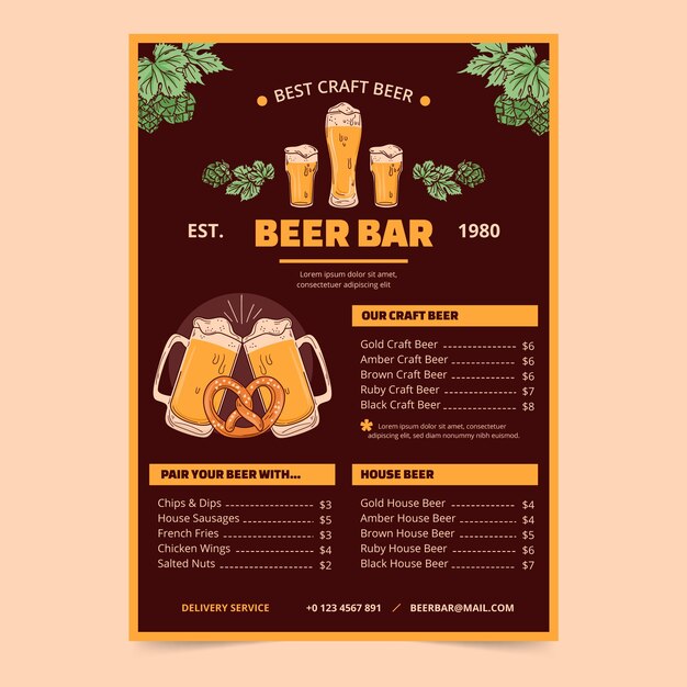 Modello di menu bar birra disegnato a mano
