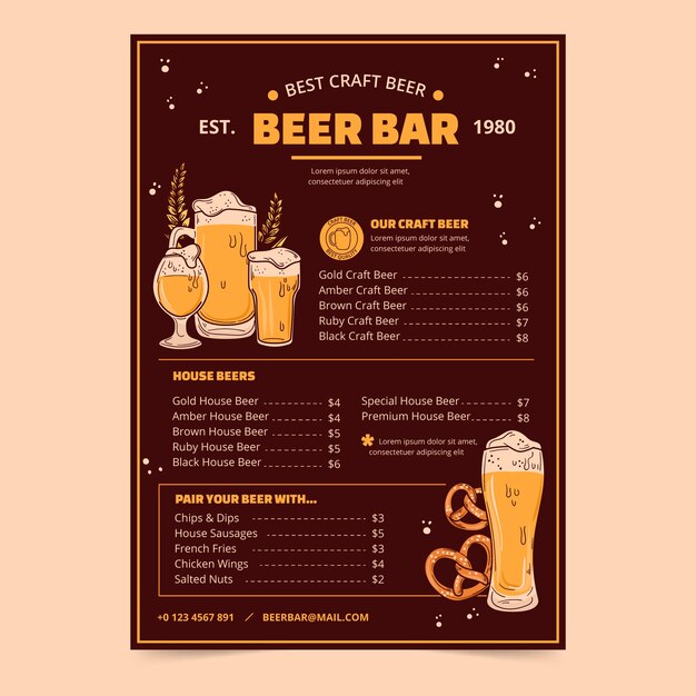 Modello di menu bar birra disegnato a mano