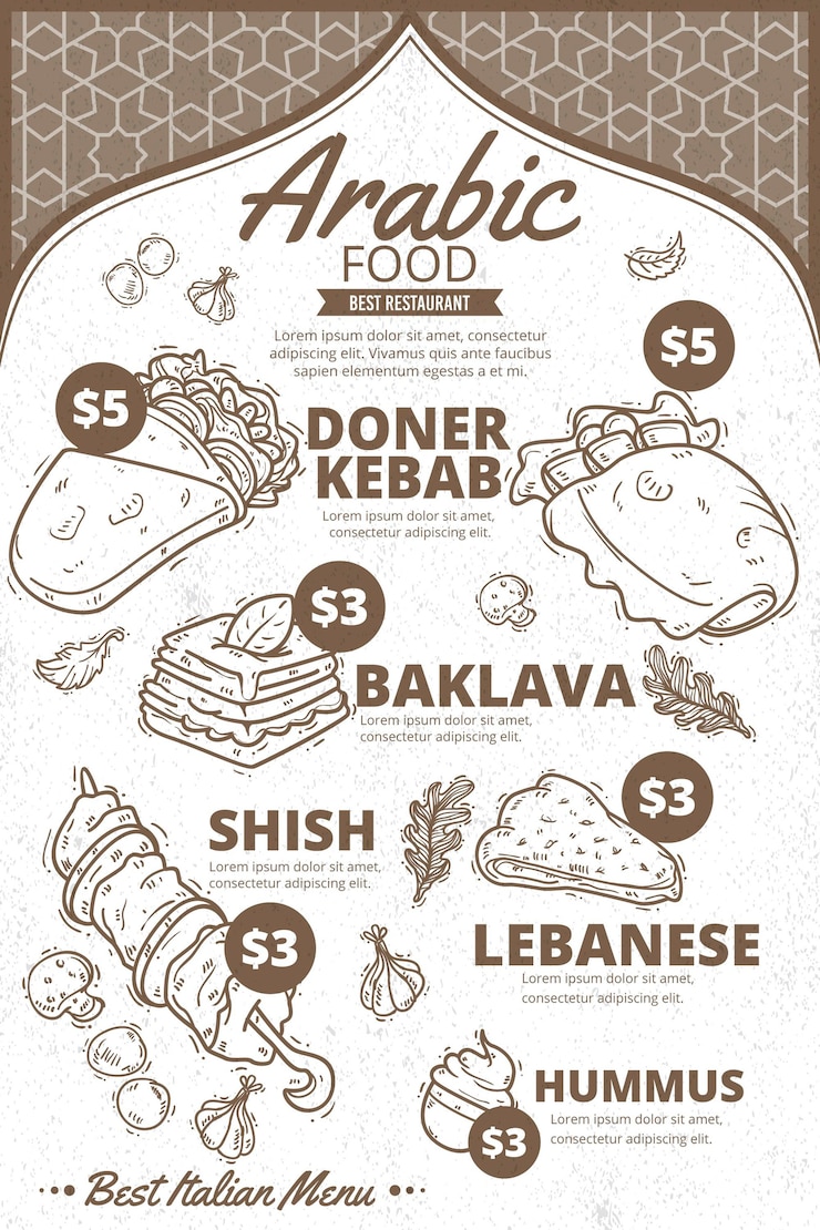 Vettore gratuito modello di menu cibo arabo verticale