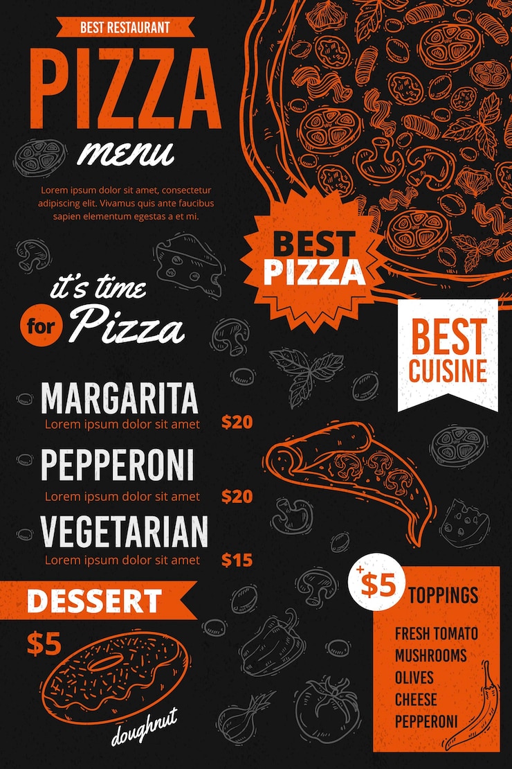 Vettore gratuito modello di menu cibo pizza verticale