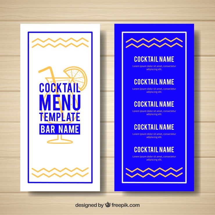 Vettore gratuito modello di menu cocktail blu e bianco moderno