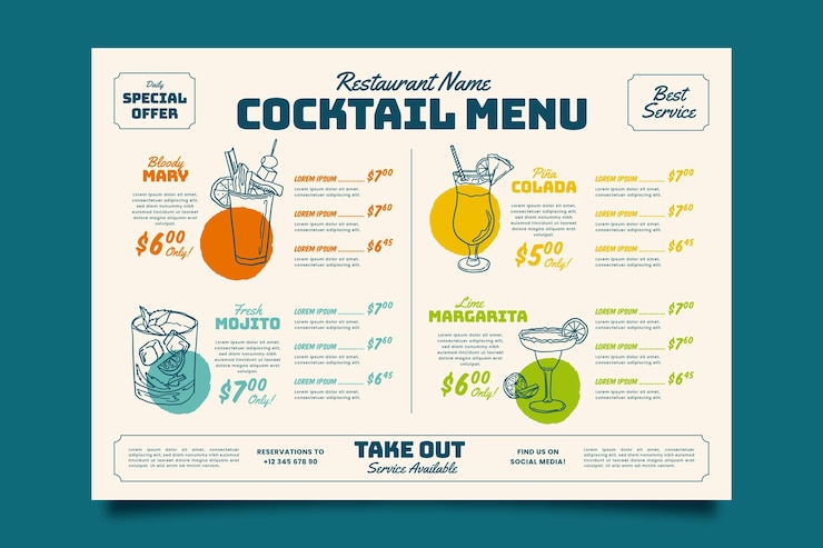 Vettore gratuito modello di menu cocktail colorato