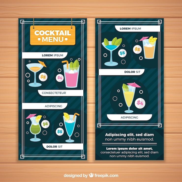 Vettore gratuito modello di menu cocktail con design piatto