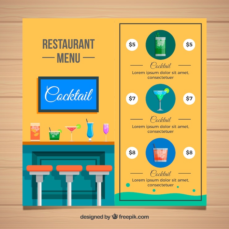 Vettore gratuito modello di menu cocktail con design piatto