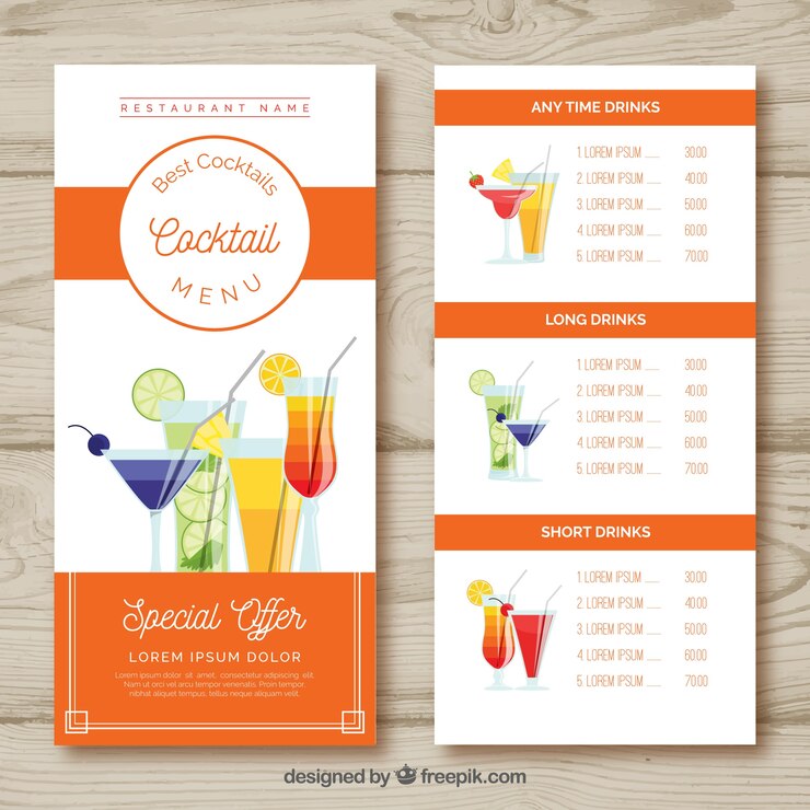 Vettore gratuito modello di menu cocktail con design piatto