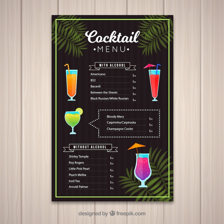 Vettore gratuito modello di menu cocktail con design piatto