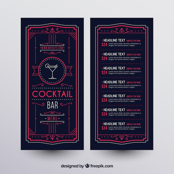 Vettore gratuito modello di menu cocktail con stile elegante