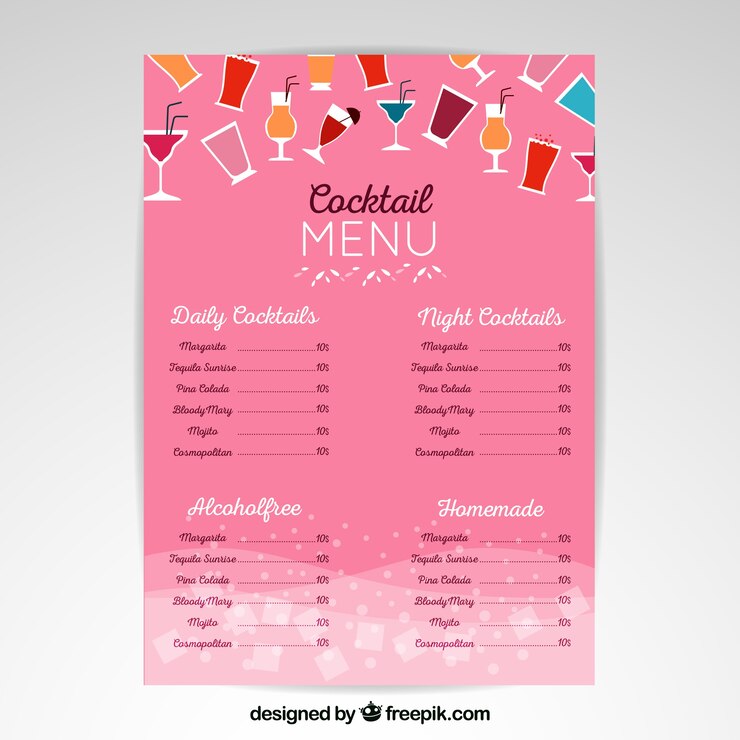 Vettore gratuito modello di menu cocktail in design piatto