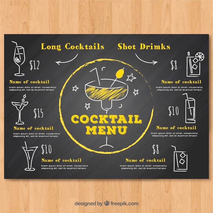 Vettore gratuito modello di menu cocktail in stile lavagna