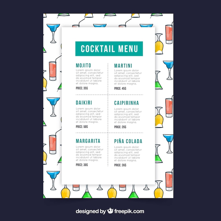 Vettore gratuito modello di menu cocktail in stile piano