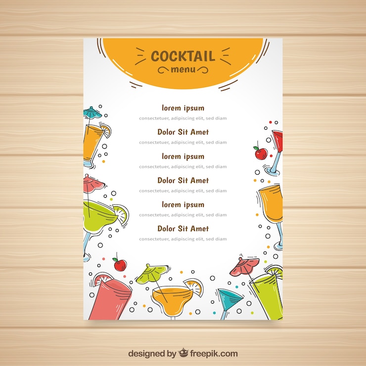 Vettore gratuito modello di menu cocktails con diversi liquori
