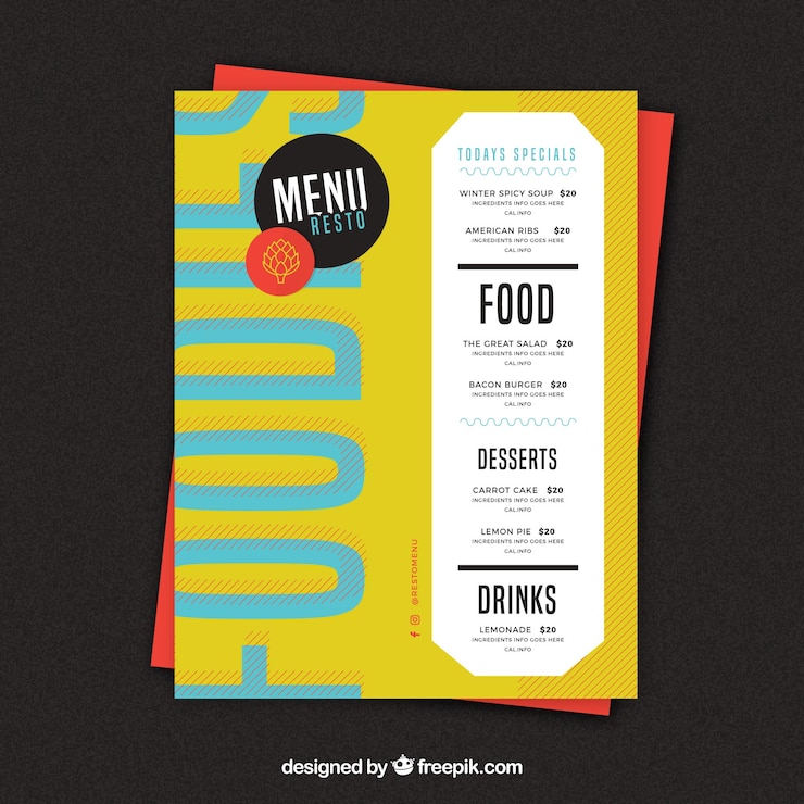 Vettore gratuito modello di menu colorato per un ristorante