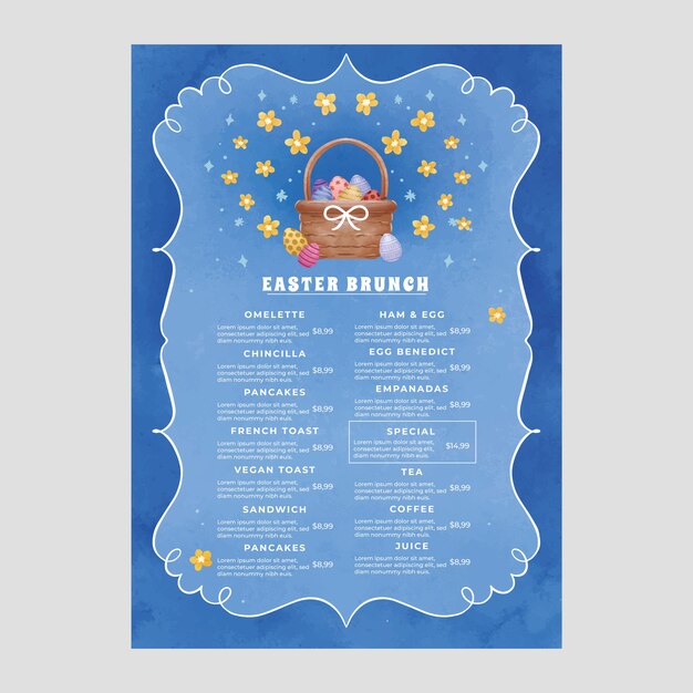 Modello di menu del brunch di Pasqua dell'acquerello