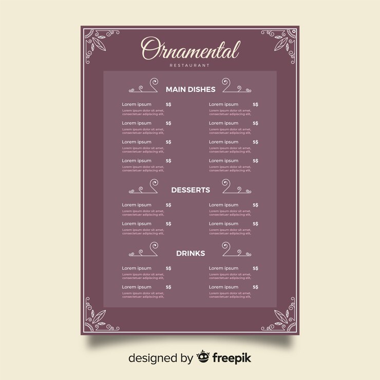 Vettore gratuito modello di menu del ristorante con ornamenti eleganti