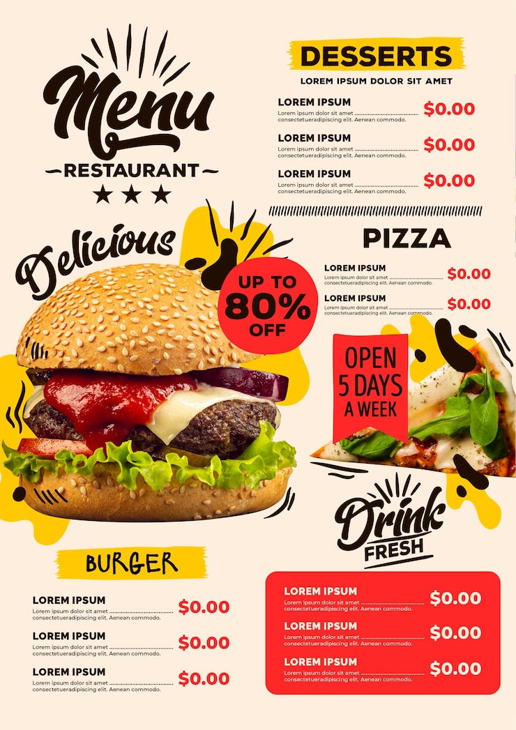 Vettore gratuito modello di menu del ristorante digitale