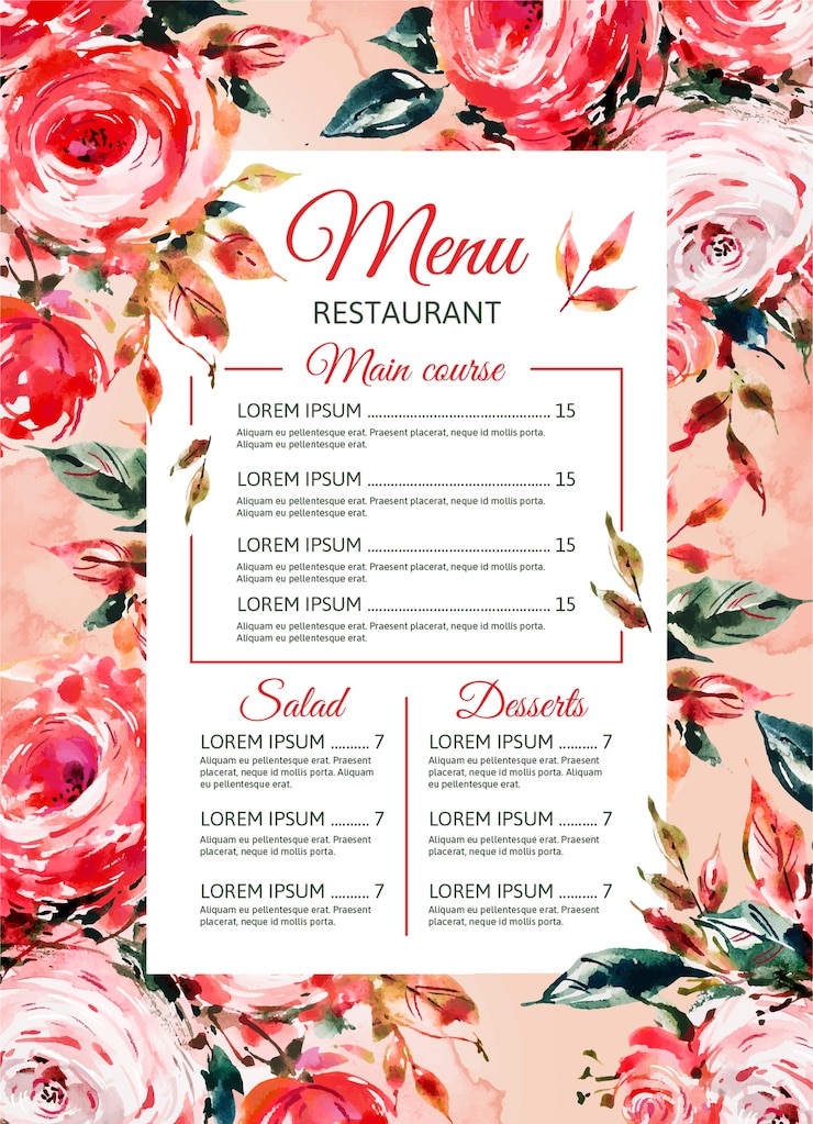 Vettore gratuito modello di menu del ristorante floreale dell'acquerello