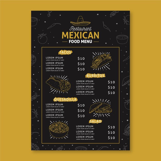 Modello di menu del ristorante messicano